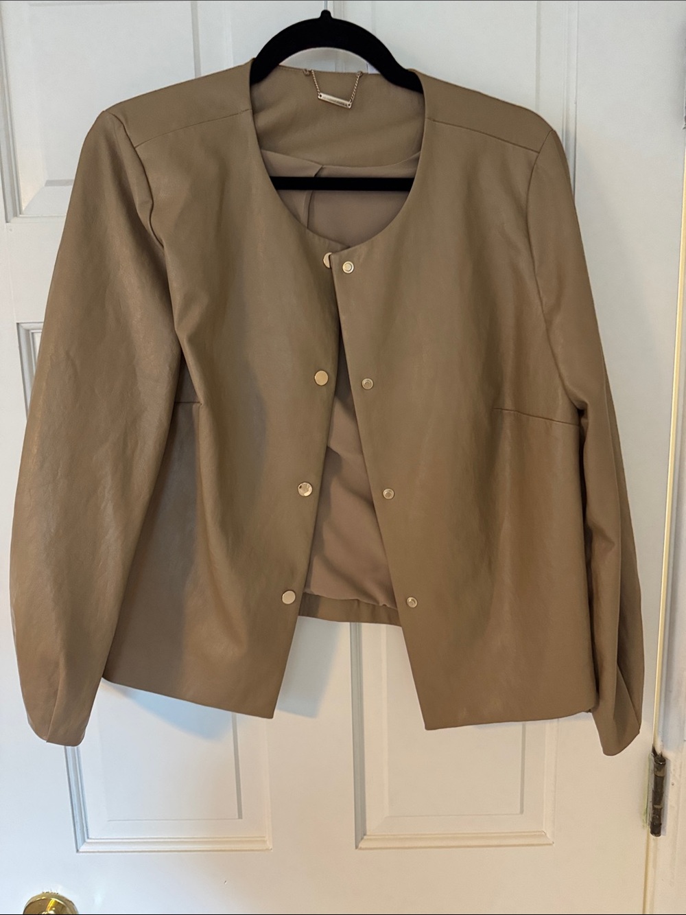 Chico's Taupe Collarless Pleather Snap-Front Jacket